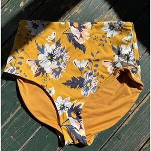 NWT Women's Swim Bikini Bottom Size M Yellow Blue White Floral Super High Rise